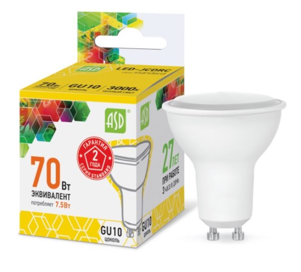 Лампа светодиодная LED-JCDRC-standard 7.5Вт 230В GU10 3000К 675Лм ASD