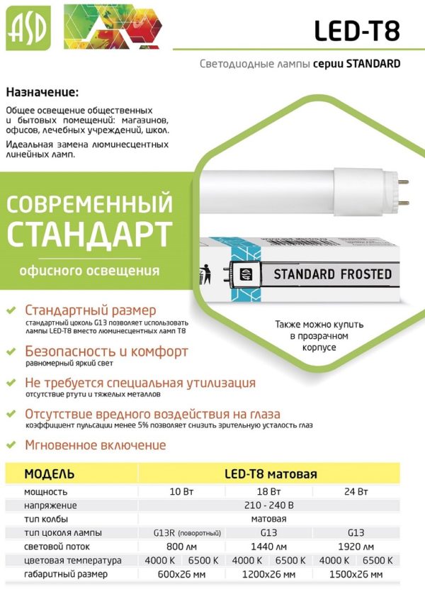 Лампа светодиодная LED-T8-standard 18Вт 230В G13 4000К 1440Лм 1200мм матовая ASD