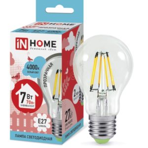 Лампа светодиодная LED-A60-deco 7Вт 230В Е27 4000К 630Лм прозрачная IN HOME