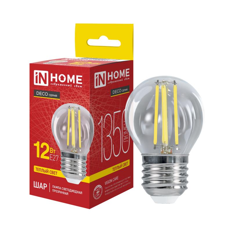 Лампа светодиодная LED-ШАР-deco 12Вт 230В Е27 3000К 1350Лм прозрачная IN HOME