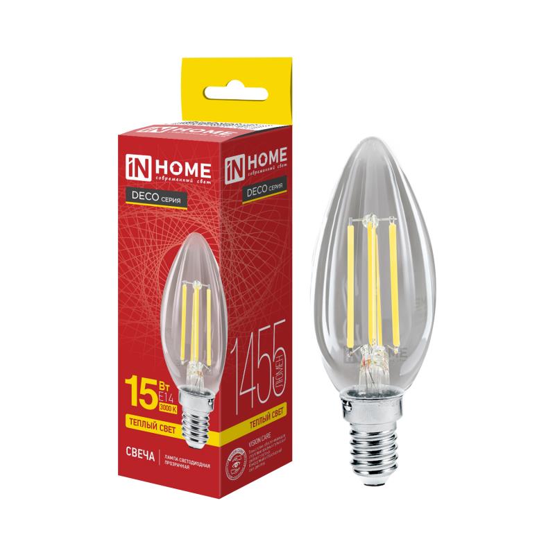 Лампа светодиодная LED-СВЕЧА-deco 15Вт 230В Е14 3000К 1455Лм прозрачная IN HOME